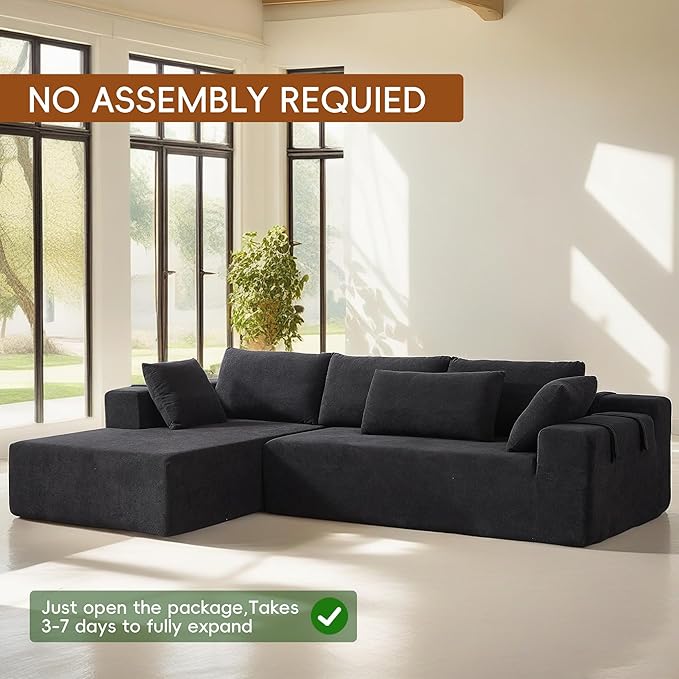108" Modular Sectional Couch Sofa with L-Shape Chaise, Modern Cloud Comfy Sofa with Deep Seat, Upholstered Couches for Living Room Bedroom, No Assembly Required (Black Left Facing Chaise)