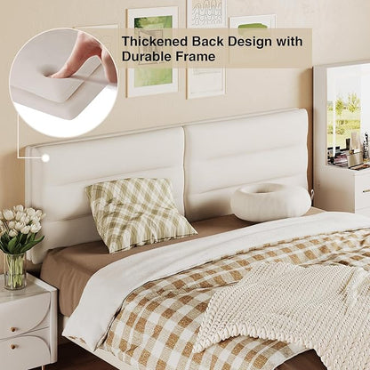 Queen Size Velvet Headboard Foldable Panels Backboard, Upholstered Full Headboard Adjustable Height from 42" to 56" Head Borad-Ivory