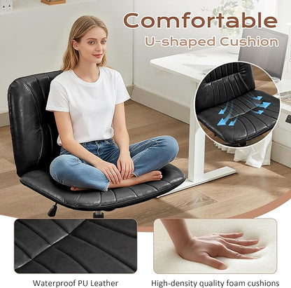 URRED Criss Cross Office Chair, Armless Cross-Legged Desk Chair with Fixed Legs, Height Adjustable Wide Seat Task Vanity Chair for Home Office or Bedroom (Black)