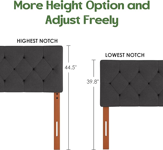 Queen Upholstered Headboard Only for Bed Frame from 49”-62”, Adjustable Height Queen XL Headboards with Durable Wood Legs, Fabric Bed Board in Modern Button Design, Dark Grey