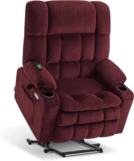 MCombo Oversized Power Lift Recliner Chair for Elderly, Dual Motor Lift Chair with Heat and Massage, Lay Flat Lift Chair for Big and Tall, Cup Holders, Fabric R7891 (Oversize, Burgundy)