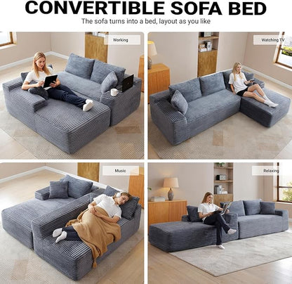 108 Inch Cloud Sectional Couch,Modern Modular Sectional Sofa with Deep Seat,Corduroy Boneless Couches with L-Shape Chaise for Living Room,No Assembly Required (Grey, Right Facing Chaise + Ottoman)