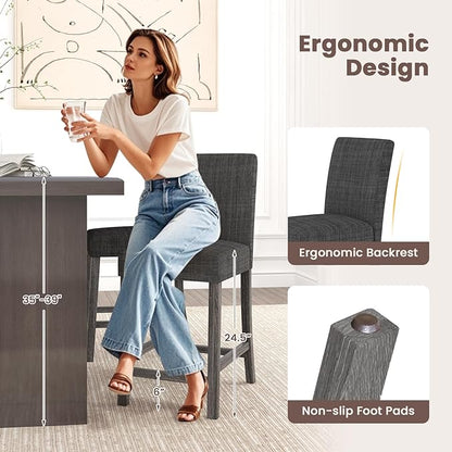 COSTWAY Counter Height Bar Stools Set of 2, 24.5’’ Upholstered Mid Century Modern Island Chairs with Rubber Wood Legs, Wooden Barstools for Kitchen, Dining Room, Bar, Restaurant (Grey)