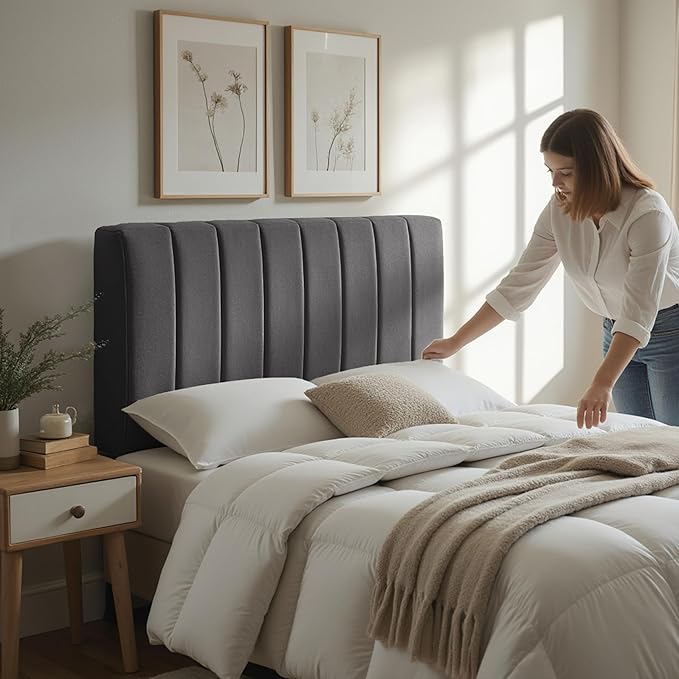 Nestl Upholstered Full Headboard - Easy Assemble Channel Stitched Headboard Full Size - Wall Mounted Headboards with 3D Soundproof Wall Panels Peel & Stick Floating Headboards, Grey