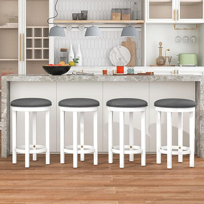 COSTWAY Upholstered Bar Stools Set of 2, 25” Counter Height Bar Chairs with Padded Cushion & Wooden Frame, Faux Leather Backless Stools for Kitchen, Dining Room, Pub, White + Grey