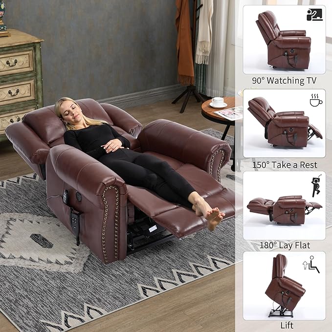Recliner Chairs for Adults, Oversized Bedroom Chair with Massage, Sofa Chair Home Theater Seating with Lumbar Support, Lift Chair for Elderly, Nursery Chair for Living Room (Genuine Leather)