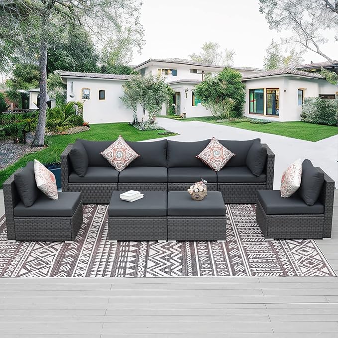 NICESOUL 8 Seater Modern Luxury Outdoor Furniture Set, Extra Large PE Wicker Patio Modular Sectional Sofa with Ottoman, 29.3'' High Back L-Shaped All-Weather Conversations, Deep Seated Grey Color