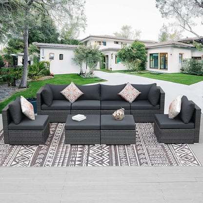 NICESOUL 8 Seater Modern Luxury Outdoor Furniture Set, Extra Large PE Wicker Patio Modular Sectional Sofa with Ottoman, 29.3'' High Back L-Shaped All-Weather Conversations, Deep Seated Grey Color