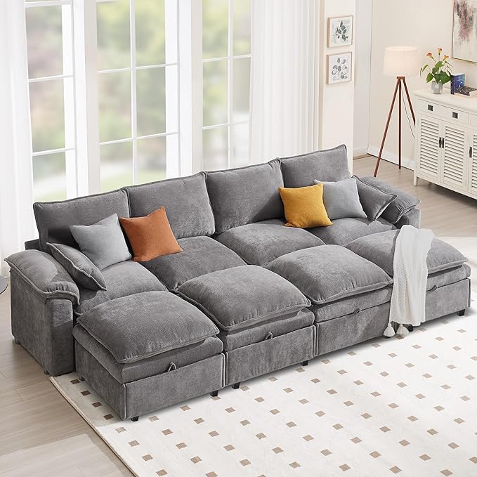 130" U Shaped Modular Sectional Sofa, Couch with Ottoman Storage, Chenille Cloud Couch with Plush Deep Seating for Living Room, Bedroom (8 Seat, Light Grey)