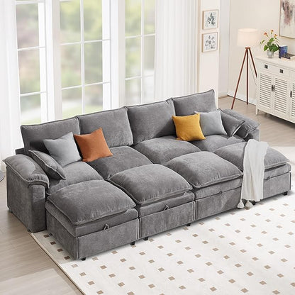 130" U Shaped Modular Sectional Sofa, Couch with Ottoman Storage, Chenille Cloud Couch with Plush Deep Seating for Living Room, Bedroom (8 Seat, Light Grey)