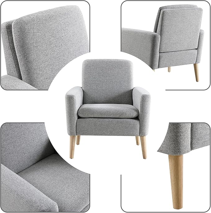 Lohoms Accent Chair Set of 2 Living Room, Fabric Upholstered Comfy Reading Chair, Mid Century Modern Armchair for Bedroom, Home Office, Padded Seat Sofa Chairs with Wood Legs, Grey