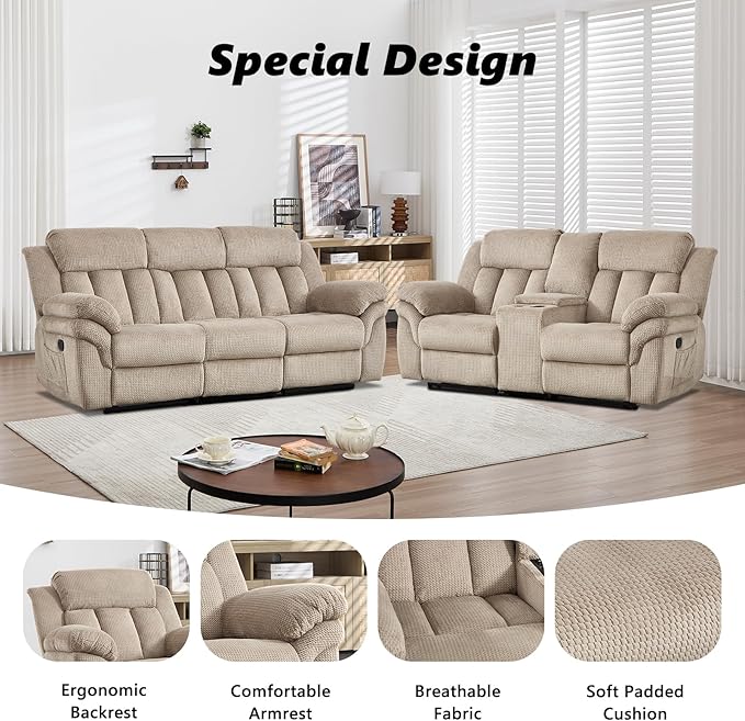 CANMOV Recliner Sofa Set,Manual Recliner Loveseat and 3-Seat Sofa with Overstuffed Armrest for Living Room,Bedroom Furniture,Office,Light Brown,2+3 Seat