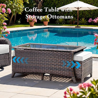 Belord Luxury 6" Thick Cushioned 10 Pieces Patio Furniture Set with Outdoor Couch, Wicker Outdoor Conversation Set with High Back Swivel Rocker Chairs for Deck Porch Yard and Poolside - Brown+Beige