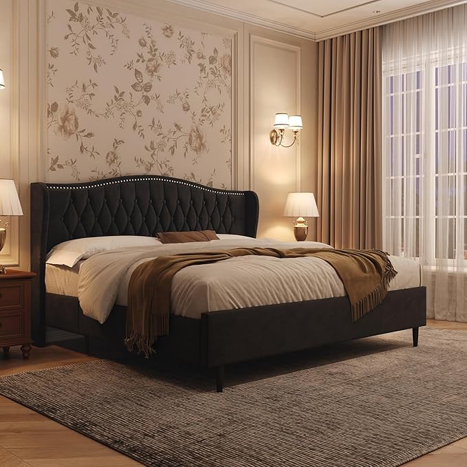 Belffin King Bed Frame and Headboard, Luxury Upholstered Velvet Platform Bed with Wingback, Button Tufted & Nailhead Trim, Anti-Slide Tall Footboard, No Box Spring Needed, Noise-Free, Black