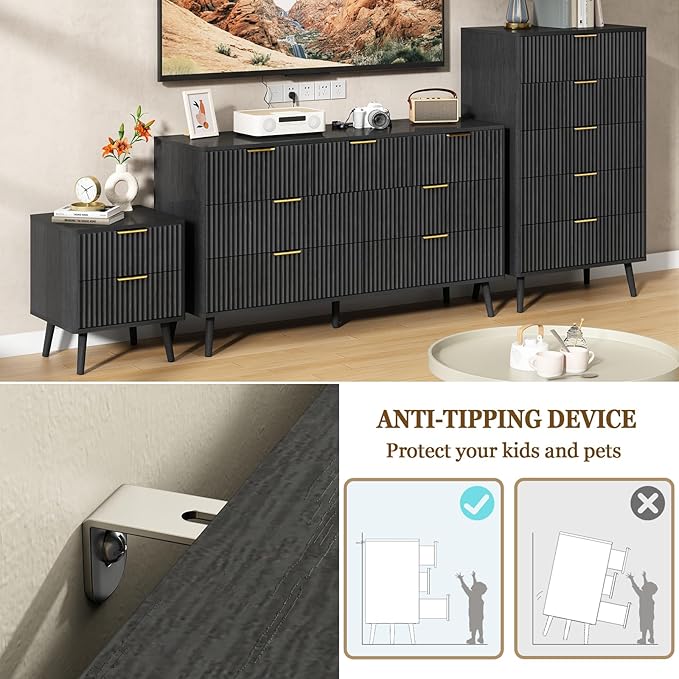 CARPETNAL Fluted 7 Drawer Dresser for Bedroom, 55" Wide Wooden Chest of Drawers with Rounded Corners, Gold Handles, Modern Storage Organizer for Bedroom, Hallway(Black)