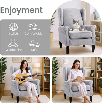 Accent Chair, Light Grey Bedroom Upholstered Armchair in Fabric, Modern Living Room Chairs with Wingback, Business Single Sofa Seat for Office, Sillones para Sala