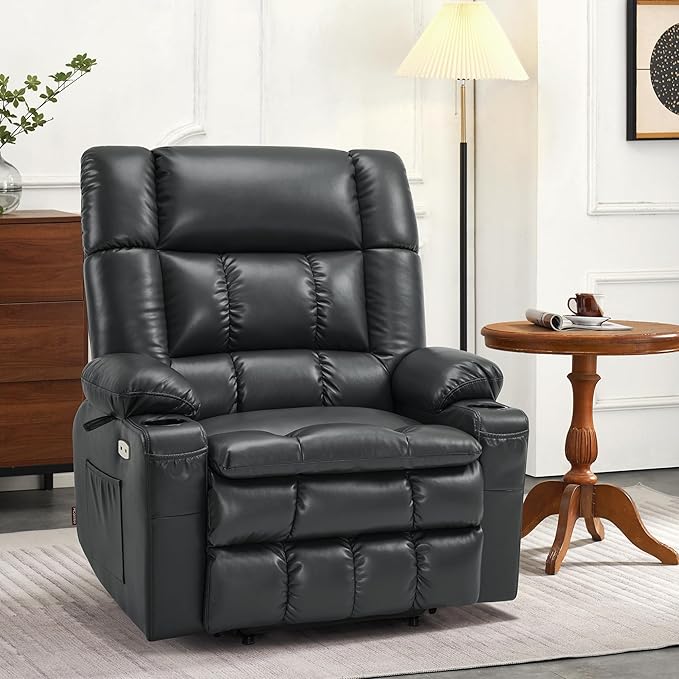 MCombo Dual Motor Power Lift Recliner Chair for Elderly, Lay Flat Lift Chair with Heat and Massage, Oversized Lift Recliner for Big and Tall, Faux Leather R7891 (Black, Oversized)