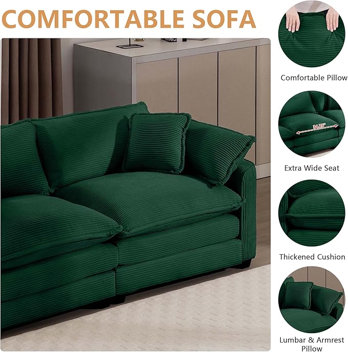 mikibama Luxury 3 Piece Sofa Set, Loveseat Couch & 2 Single Sofa Set, Modern Corduroy Comfy Cloud Couches Set for Living Room Office with 2 Armrest Pillows and 4 Toss Pillows, Green