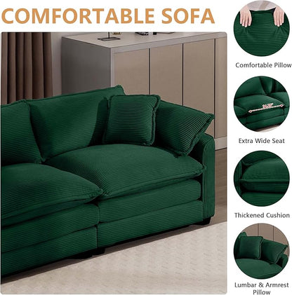 mikibama Luxury 2 Piece Sofa Set, 2 Pieces of Loveseat Couch, Modern Corduroy Comfy Cloud Couches Set for Living Room Office with 4 Armrest Pillows and 4 Toss Pillows, Green