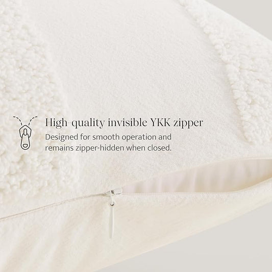 Double Stitch Checkered Throw Pillow Covers - 100% Cotton Set of 2 Tufted Boho Decorative Pillow Covers 18x18, Made in India, Square Cushion Case, Modern Home Decor for Couch, Sofa, Living Room, Cream