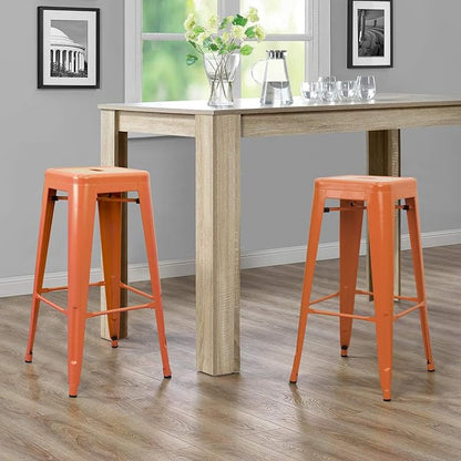 Furniwell 30 Inches Metal Bar Stools High Backless Tolix Indoor-Outdoor Stackable Barstool with Square Counter Seat Set of 4 (Orange)