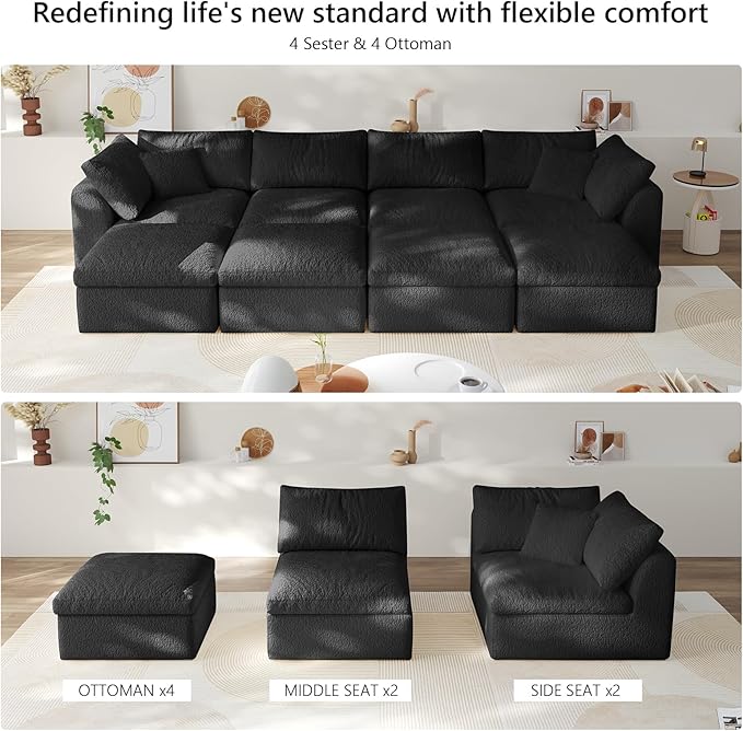 138" Boneless Cloud Couch Modular Sectional Sofa with Deep Seat for Living Room, L Shape Couch with Ottoman, Snowflake Cloth and 40D Memory Sponge，2 Throw Pillows (Black, 4 Seater+4 Ottoman)