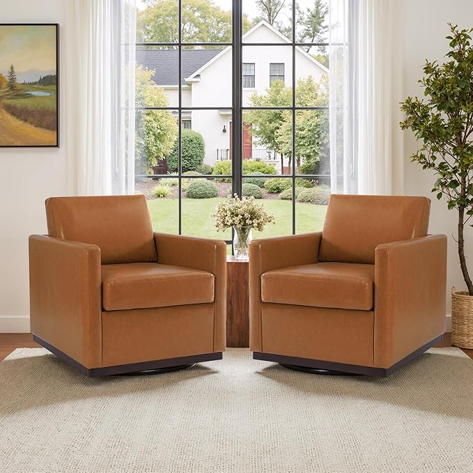 UIXE Faux Leather Swivel Accent Chairs Set of 2, Upholstered Armchair Comfy Club Chair for Living Room, Mid Century Modern Arm Chair Single Sofa Nook Bedroom Side Reading Seat - Light Brown