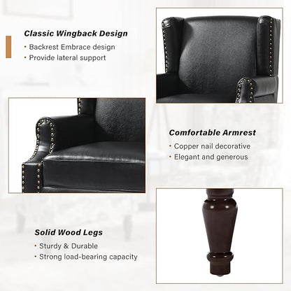 Faux Leather Wingback Accent Chair, High Back Upholstered Armchair, Comfy Fabric Wingback Arms Chairs with Solid Wood Legs, Single Sofa Reading Chair for Bedroom Living Room, Black
