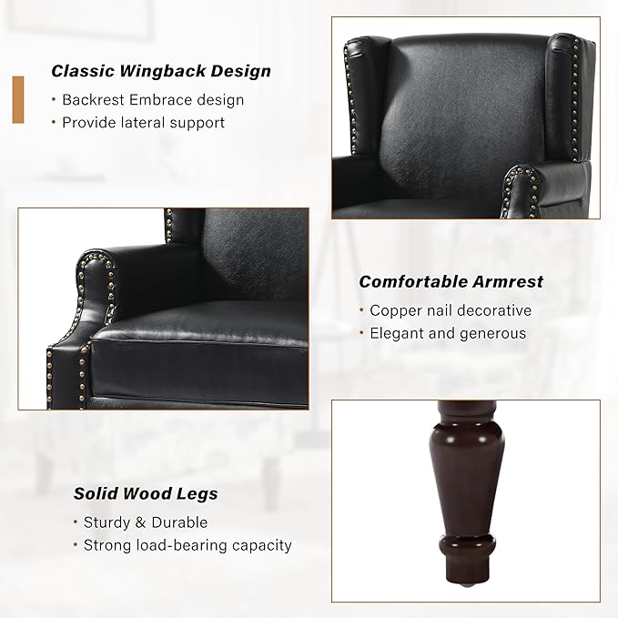 Faux Leather Wingback Accent Chairs Set of 2, High Back Upholstered Armchair, Comfy Fabric Wingback Arms Chairs with Solid Wood Legs, Single Sofa Reading Chair for Bedroom Living Room, Black