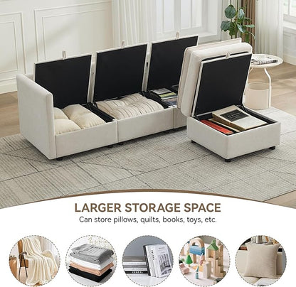 80" Cloud Modular 3 Seater Sofa with Storage Ottoman, Modern Upholstered Storage Sofa Couch Deep Seat, L Shape Sectional Sofa Chenille Comfy Couch with Armrests for Living Room, Small Space, Beige