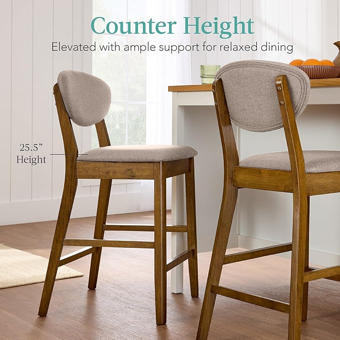 Best Choice Products Bar Stool Set of 2, Mid-Century Modern Upholstered Wood, Armless Counter Height w/Seat Cushion, Backrest - Walnut/Gray