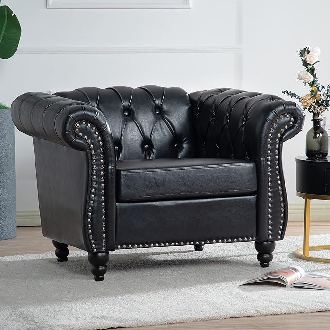 Accent Sofa Chair for Living Room, Modern PU Leather Upholstered Armchair, Oversized Comfy Single Sofa Chair with Cushion, Mid Century Tufted Chesterfield Sofa Couch for Bedroom, Apartment (Black)