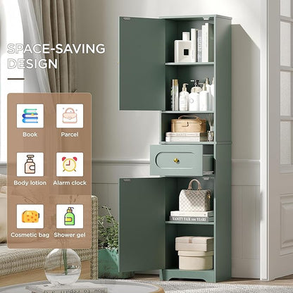 Maupvit 65" Tall Bathroom Storage Cabinet, Narrow Storage Cabinet with 2 Doors and Drawer, Bathroom Organizers with Adjustable Shelves for Living Room, Entryway, Green