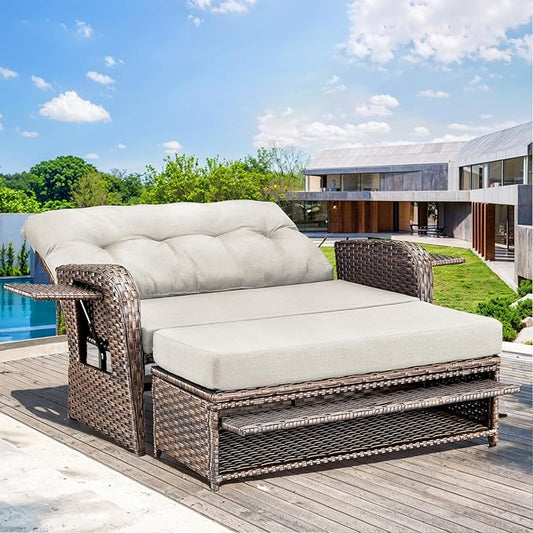 Patio Rattan Daybed, Wicker Recliner Loveseat for Two with Multifunctional Recliner and Stowable Side Tray, 5 Level Adjustable Backrest Brown Beige