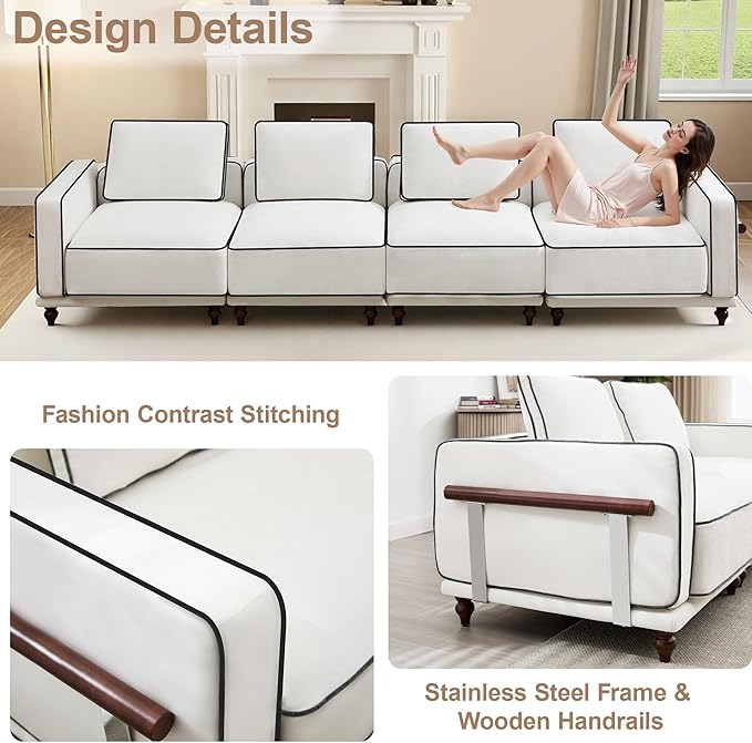 146" Cloud Modular Sectional Sofa,Oversized Deep 4 Seater Couch with Armrests Wooden Legs,Comfy Thicked Cushion Upholstered Sofa for Living Room Bedroom,White