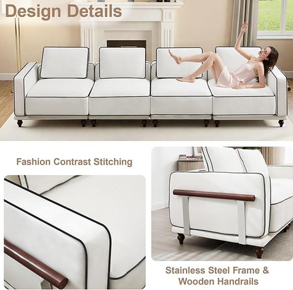 146" Cloud Modular Sectional Sofa,Oversized Deep 4 Seater Couch with Armrests Wooden Legs,Comfy Thicked Cushion Upholstered Sofa for Living Room Bedroom,White