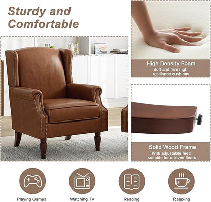 Pia Ricco Set of 2 Faux Leather Accent Chairs, High Back Wingback Armchairs with Retro Floral Design, Nailhead Trim & Solid Wood Legs for Living Room Bedroom Home Office (Brown)