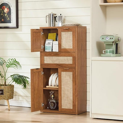 LEYAOYAO 48" Tall Storage Cabinet,Rattan Bathroom Floor Cabinets with 4 Doors & 1Drawer,Boho Kitchen Pantry with Adjustable Shelves,Wooden Cupboard for Living Room,Home Office,Dining,Brown