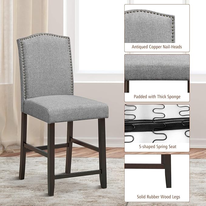 COSTWAY Bar Stools Set of 2, 25'' Upholstered Counter Height Bar Stools with S-Shaped Spring Thick Cushion, Rubber Wood Legs, High Back Leisure Chairs for Living, Kitchen, Dining Room (Grey, 2)