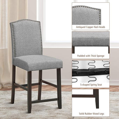 COSTWAY Bar Stools Set of 4, 25'' Upholstered Counter Height Bar Stools with S-Shaped Spring Thick Cushion, Rubber Wood Legs, High Back Leisure Chairs for Living, Kitchen, Dining Room (Grey, 4)