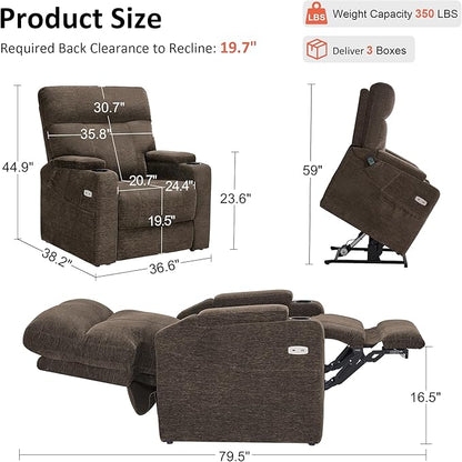 MCombo Lay Flat Dual Motor Power Lift Recliner Chair with Massage & Dual Heating, Arm Storage, Extended Footrest, USB A/C Ports & Cup Holders, Infinite Position for Elderly, Fabric LC002 (Brown)
