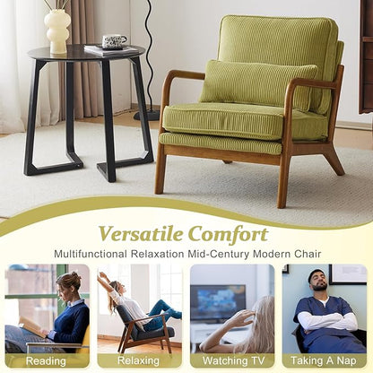 VINGLI Upgraded Premium Corduroy Accent Chairs Set of 2,Upholstered Arm Chair,Solid Wood Comfy Reading Chair with Pillow, Mid Century Modern Chairs for Living Room,Bedroom,Green