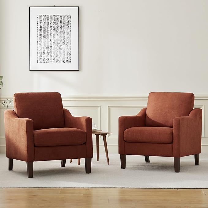 VKNOW Mid Century Modern Accent Chair, Upholstered Living Room Chairs Armchair for Bedroom, Comfy Reading Accent Chairs with Wood Legs for Living Room, Orange