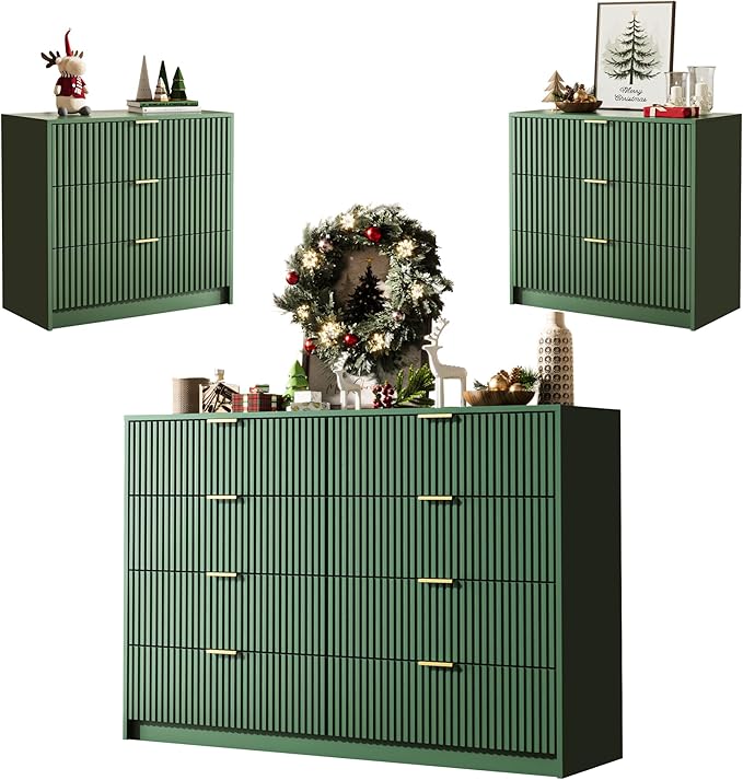 3-Piece Dresser Bedroom Set, 8 Drawer Dresser & 3 Drawer Nightstands with Gold Handles, Fluted Wood Chest of Drawers for Bedroom, Living Room, Entryway, Green