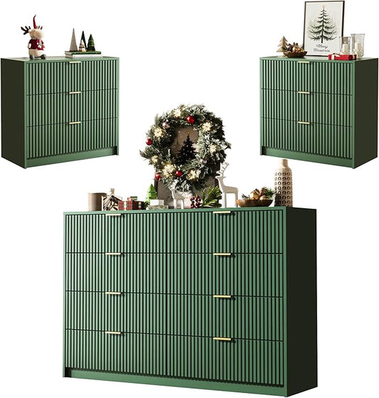 3-Piece Dresser Bedroom Set, 8 Drawer Dresser & 3 Drawer Nightstands with Gold Handles, Fluted Wood Chest of Drawers for Bedroom, Living Room, Entryway, Green