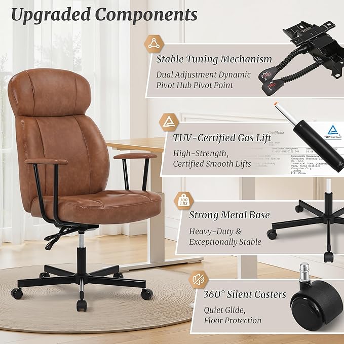 High Back Office Desk Chair, Breathable Ergonomic Leather Chair with 5-Layer Seat Cushion with 135°Reclining Lumbar Support Adjustable Height Rolling Swivel Executive Armrests Chair, Brown
