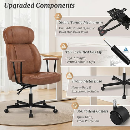 High Back Office Desk Chair, Breathable Ergonomic Leather Chair with 5-Layer Seat Cushion with 135°Reclining Lumbar Support Adjustable Height Rolling Swivel Executive Armrests Chair, Brown
