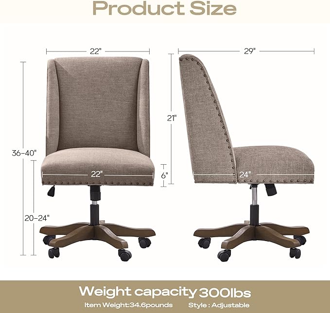 Upholstered Armless Office Chair with Wooden Legs, Modern Adjustable Home Office Desk Chair Computer Chair Swivel Chair for Home Office Study Studio (Brown)