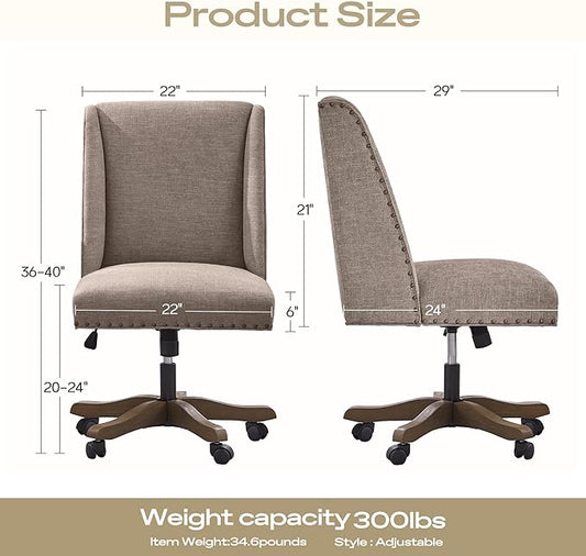 Upholstered Armless Office Chair with Wooden Legs, Modern Adjustable Home Office Desk Chair Computer Chair Swivel Chair for Home Office Study Studio (Brown)