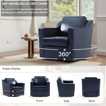 UIXE Faux Leather Swivel Accent Chair, Upholstered Arm Chair for Living Room, Modern Club Armchair Comfy Single Sofa Bedroom Reading Seat with Lumbar Pillow - Navy Blue